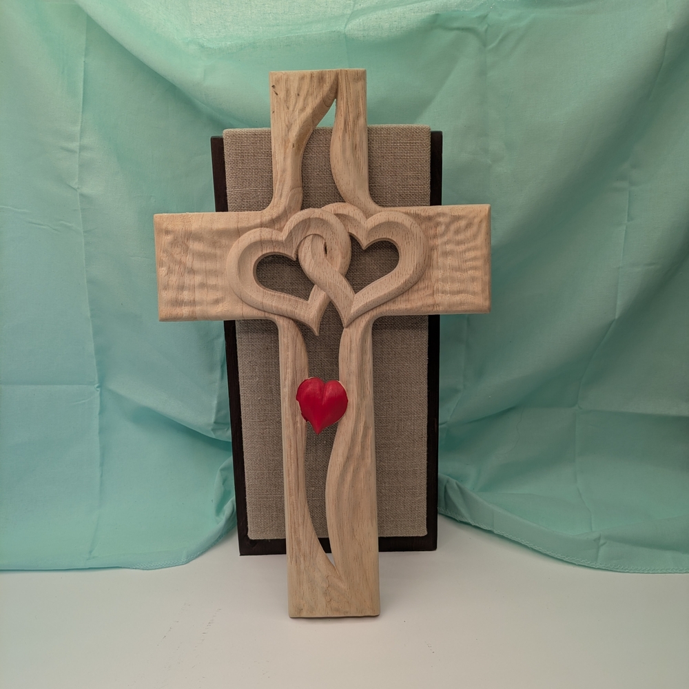 Wooden Cross with intertwinded Hearts and Red Accent Light Wood